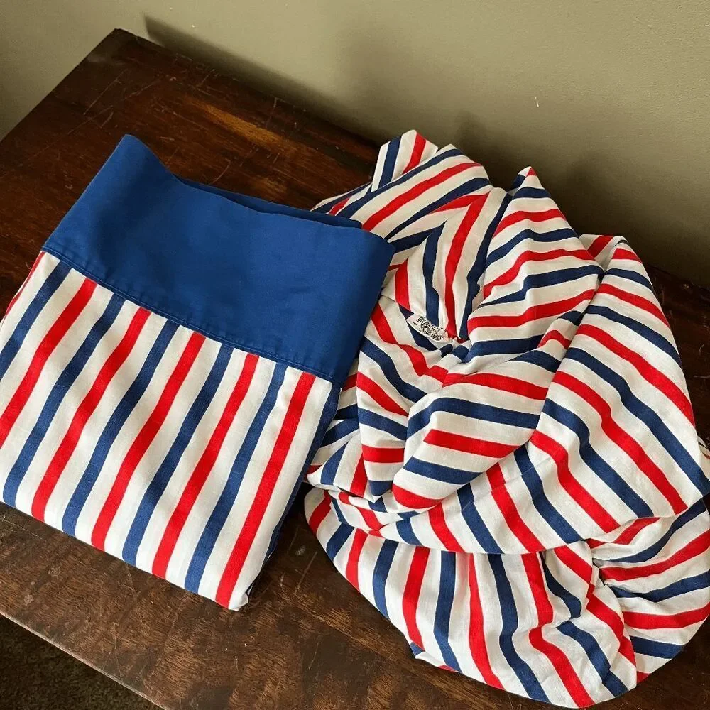 VTG Pequot Nautical Stripe Sheet Set Full Coastal Preppy USA Muslin